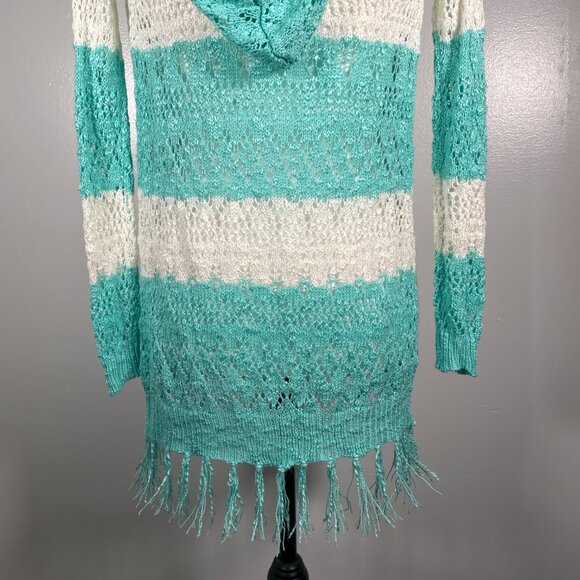 Heart N Crush Mint Green Ivory Hooded Open Weave 3/4 Sleeve Cardigan Sweater S - Picture 10 of 14